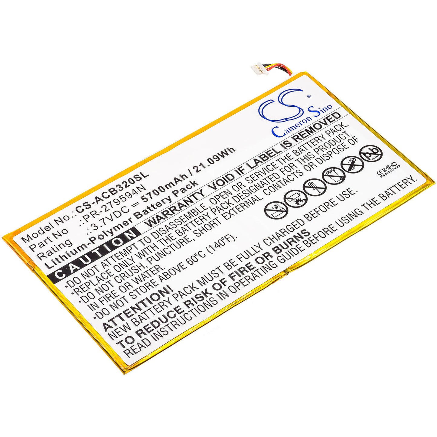 3.7V, 5700mAh, Li-Polymer Battery fits Acer, A3-a40, A3-a50, 21.09Wh