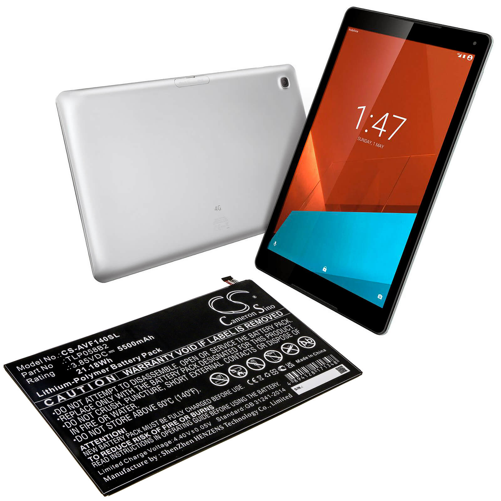3.85V, 5500mAh, Li-Polymer Battery fits Vodafone, Tab Prime 7, Vfd-1400, 21.175Wh