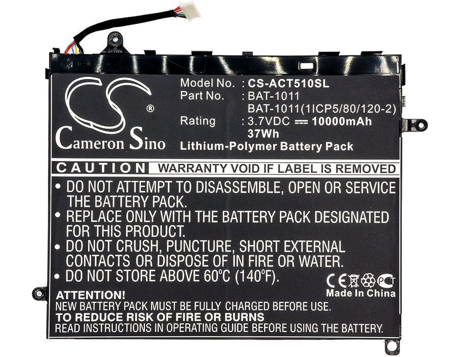 3.7V, 10000mAh, Li-Polymer Battery fits Acer, Iconia A511, Iconia Tab A510, 37Wh