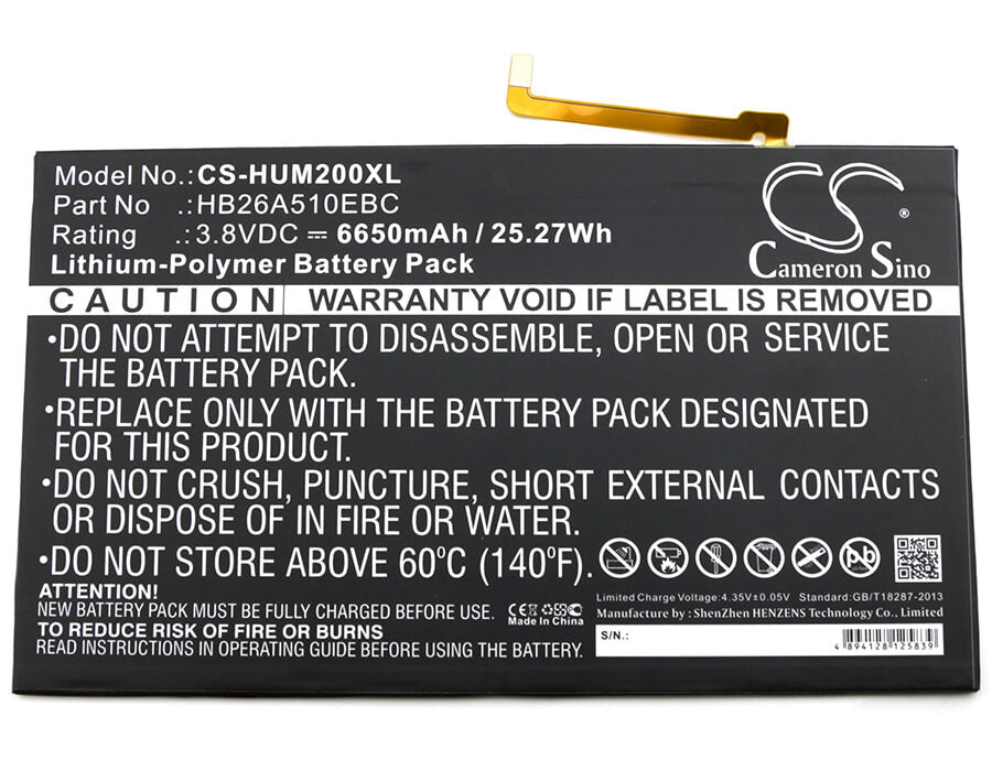 3.8V, 6650mAh, Li-Polymer Battery fits Huawei, Bah-l09, Fdr-a01w, 25.27Wh
