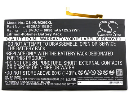 3.8V, 6650mAh, Li-Polymer Battery fits Huawei, Bah-l09, Fdr-a01w, 25.27Wh