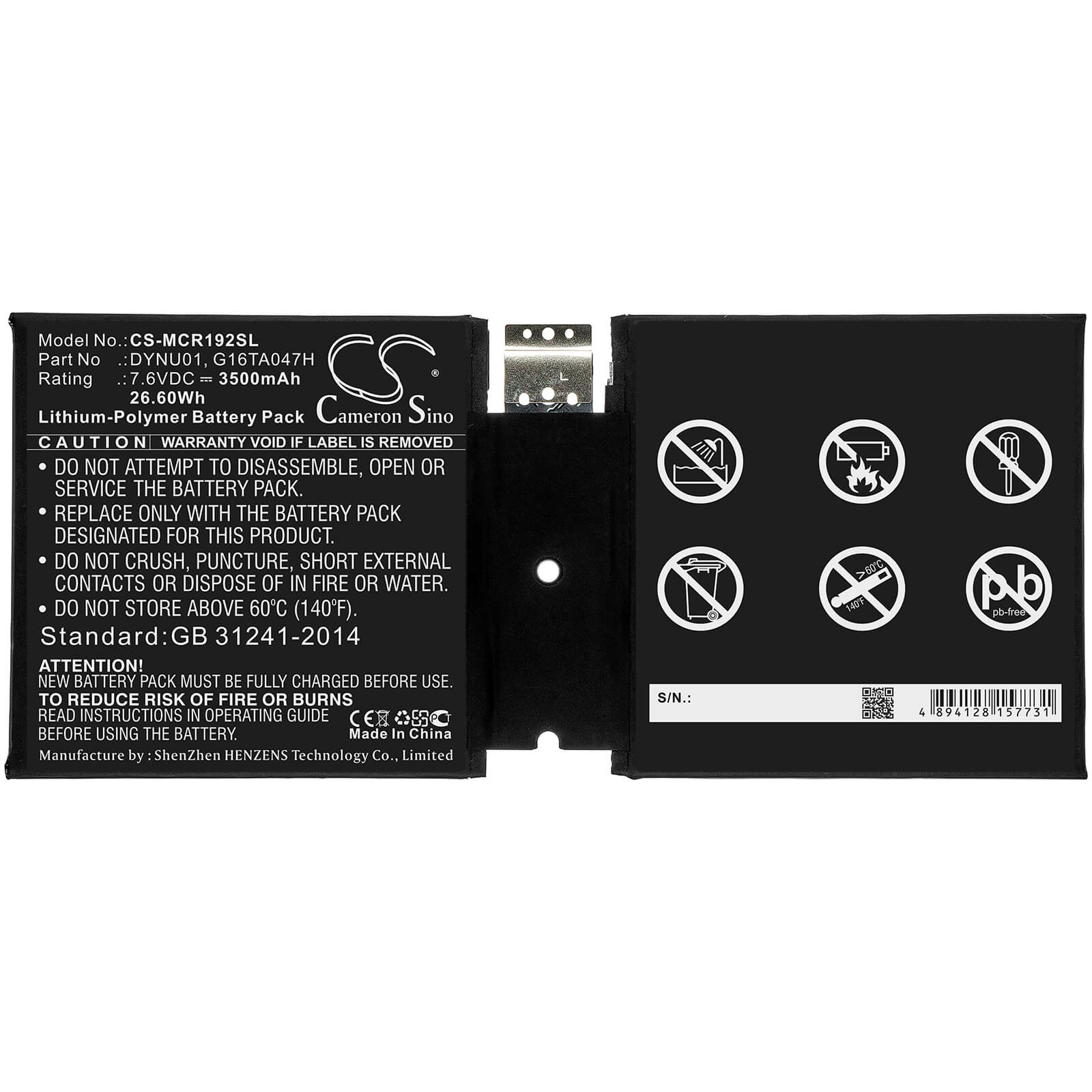 7.6V, 3500mAh, Li-Polymer Battery fits Microsoft, Surface 1927, Surface Go 2, 26.6Wh