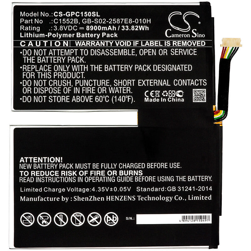 3.8V, 8900mAh, Li-Polymer Battery fits Google, C1502w, C1552b, 33.82Wh