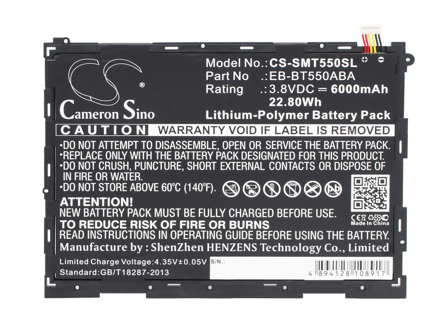 3.8V, 6000mAh, Li-Polymer Battery fits Samsung, Galaxy Tab A 9.7, Galaxy Tab A Plus 9.7 Wifi, 22.8Wh
