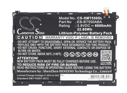 3.8V, 6000mAh, Li-Polymer Battery fits Samsung, Galaxy Tab A 9.7, Galaxy Tab A Plus 9.7 Wifi, 22.8Wh