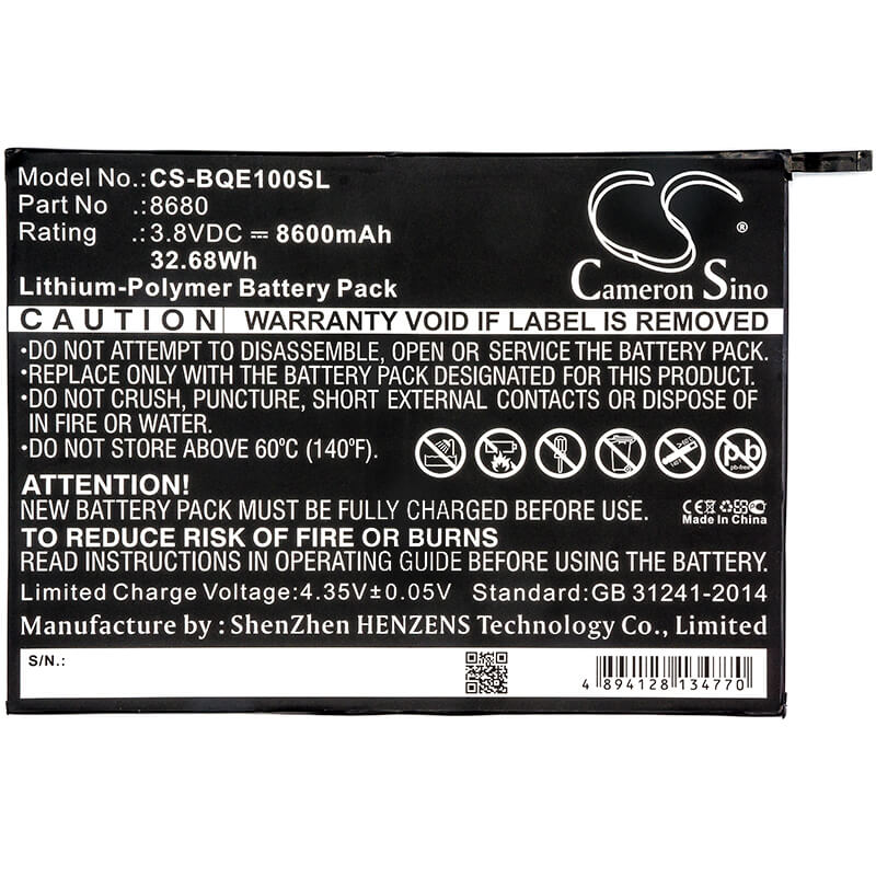 3.8V, 8600mAh, Li-Polymer Battery fits Bq, E10, E10 Tablet, 32.68Wh
