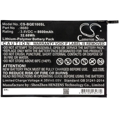 3.8V, 8600mAh, Li-Polymer Battery fits Bq, E10, E10 Tablet, 32.68Wh