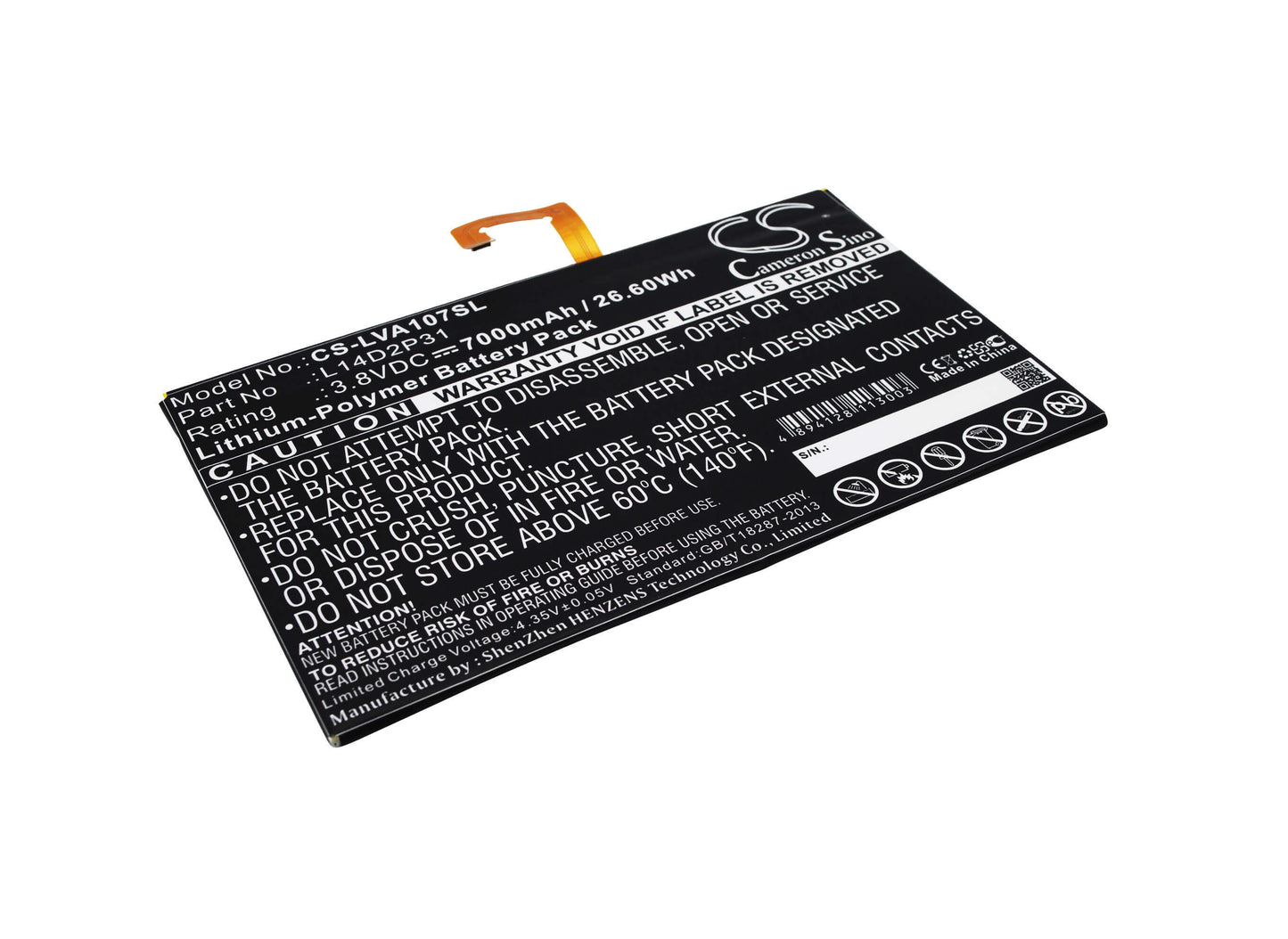 3.8V, 7000mAh, Li-Polymer Battery fits Lenovo, A10-70, A10-70f, 26.6Wh