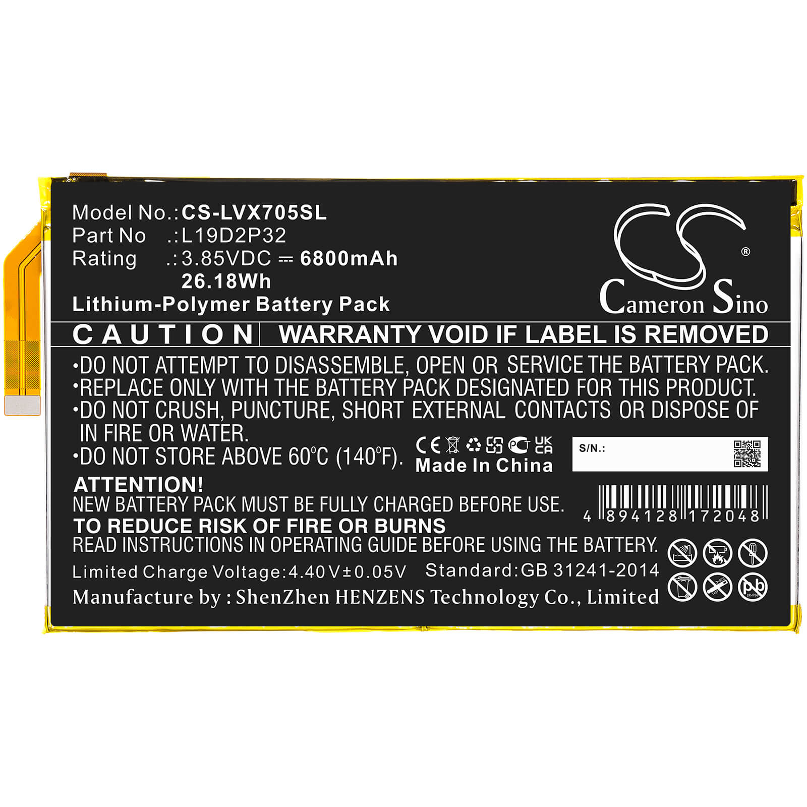 3.85V, 6800mAh, Li-Polymer Battery fits Lenovo, Yoga Smart Tab, Yt-x705f, 26.18Wh