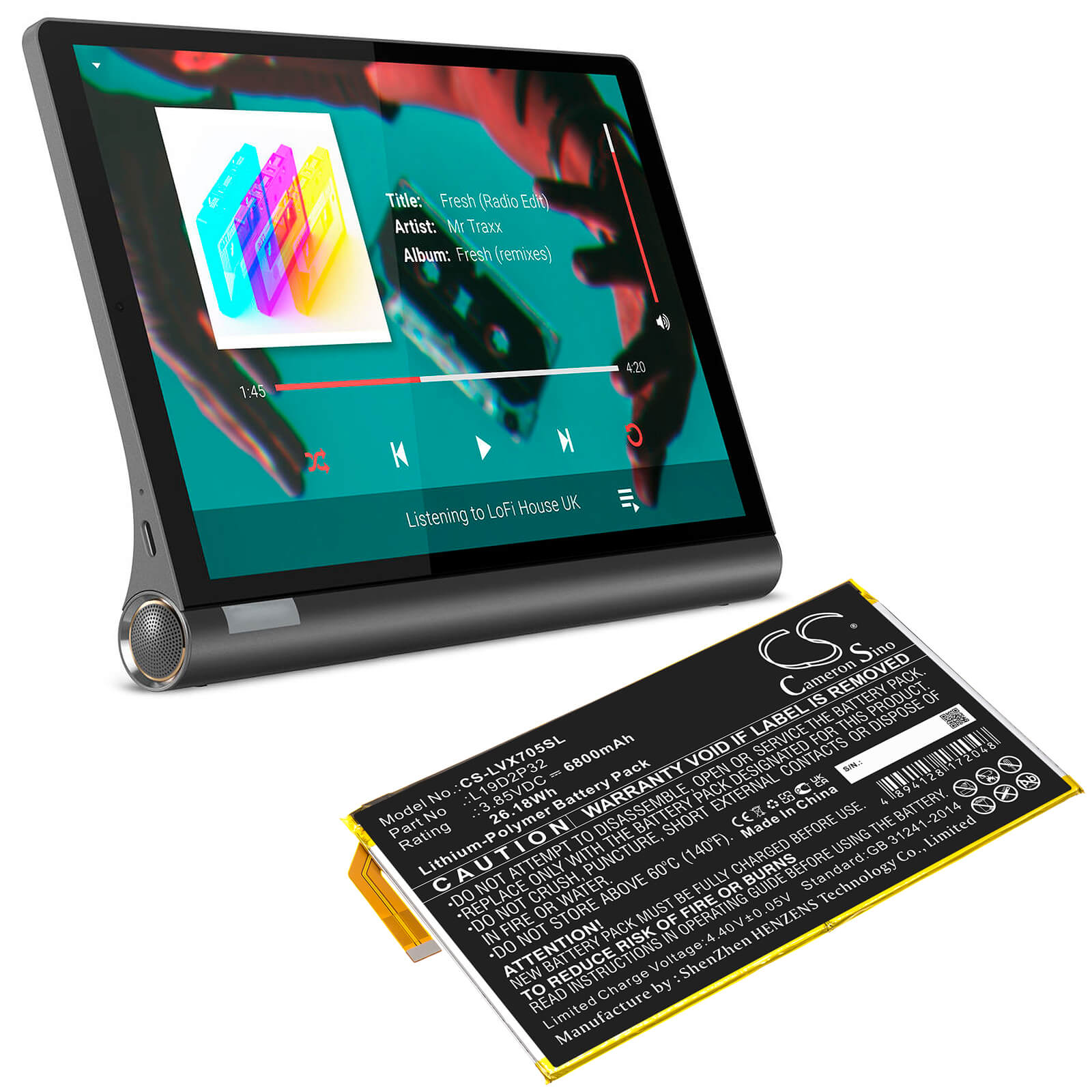 3.85V, 6800mAh, Li-Polymer Battery fits Lenovo, Yoga Smart Tab, Yt-x705f, 26.18Wh