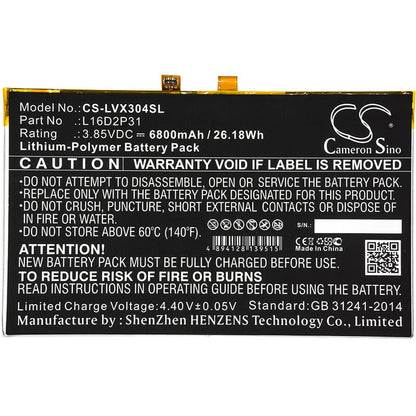 3.85V, 6800mAh, Li-Polymer Battery fits Lenovo, Tab 4 10, Tab 4 10.1, 26.18Wh