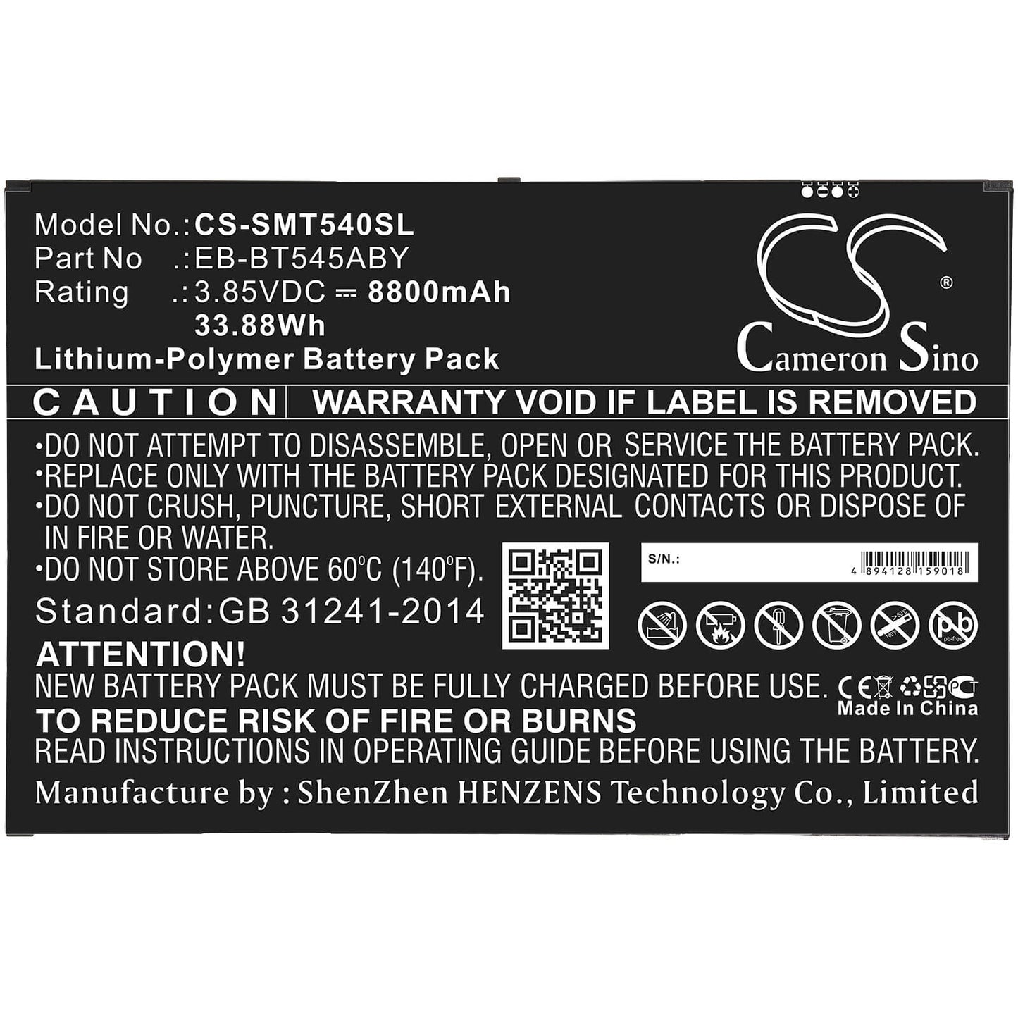 3.85V, 8800mAh, Li-Polymer Battery fits Samsung, Sm-t540, Sm-t545, 33.88Wh