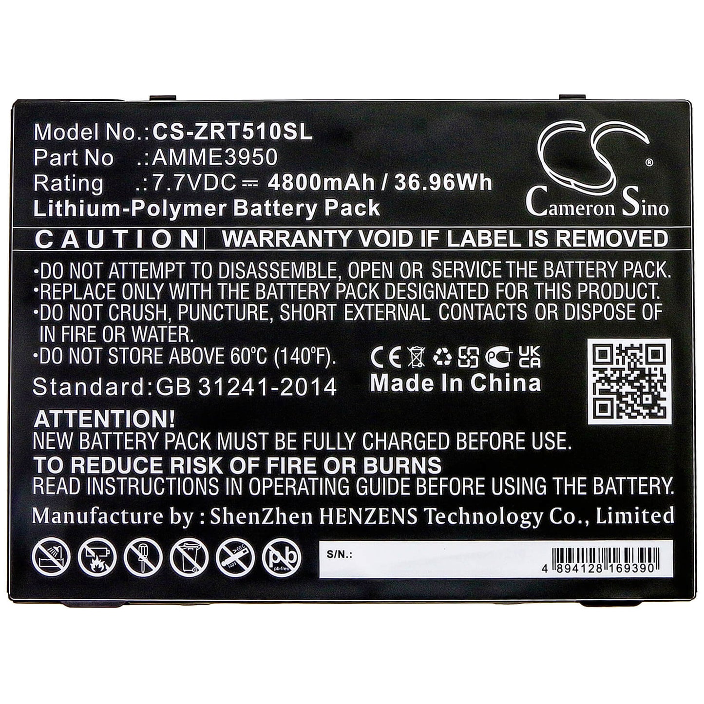 7.7V, 4800mAh, Li-Polymer Battery fits Zebra, Et51at, Et56bt, 36.96Wh