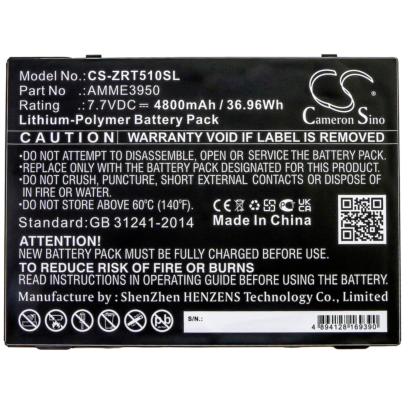 7.7V, 4800mAh, Li-Polymer Battery fits Zebra, Et51at, Et56bt, 36.96Wh