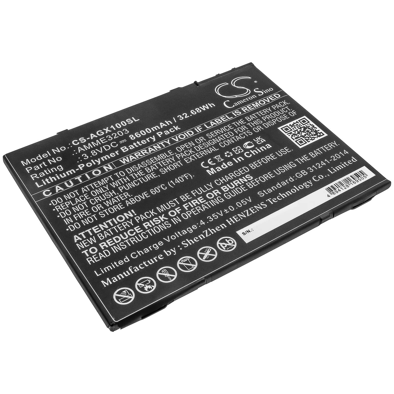 3.8V, 8600mAh, Li-Polymer Battery fits Aegex, 10 Intrinsically Safe Tablet, 10 Tablets, 32.68Wh