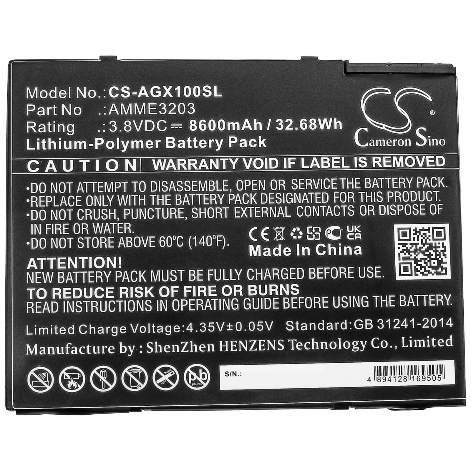 3.8V, 8600mAh, Li-Polymer Battery fits Aegex, 10 Intrinsically Safe Tablet, 10 Tablets, 32.68Wh