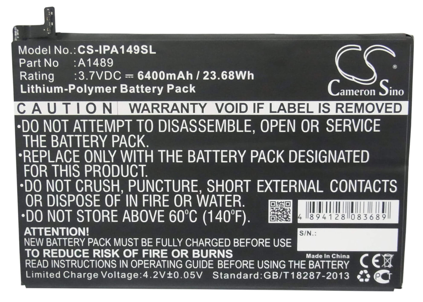 3.7V, 6400mAh, Li-Polymer Battery fits Apple, A1489, A1490, 23.68Wh