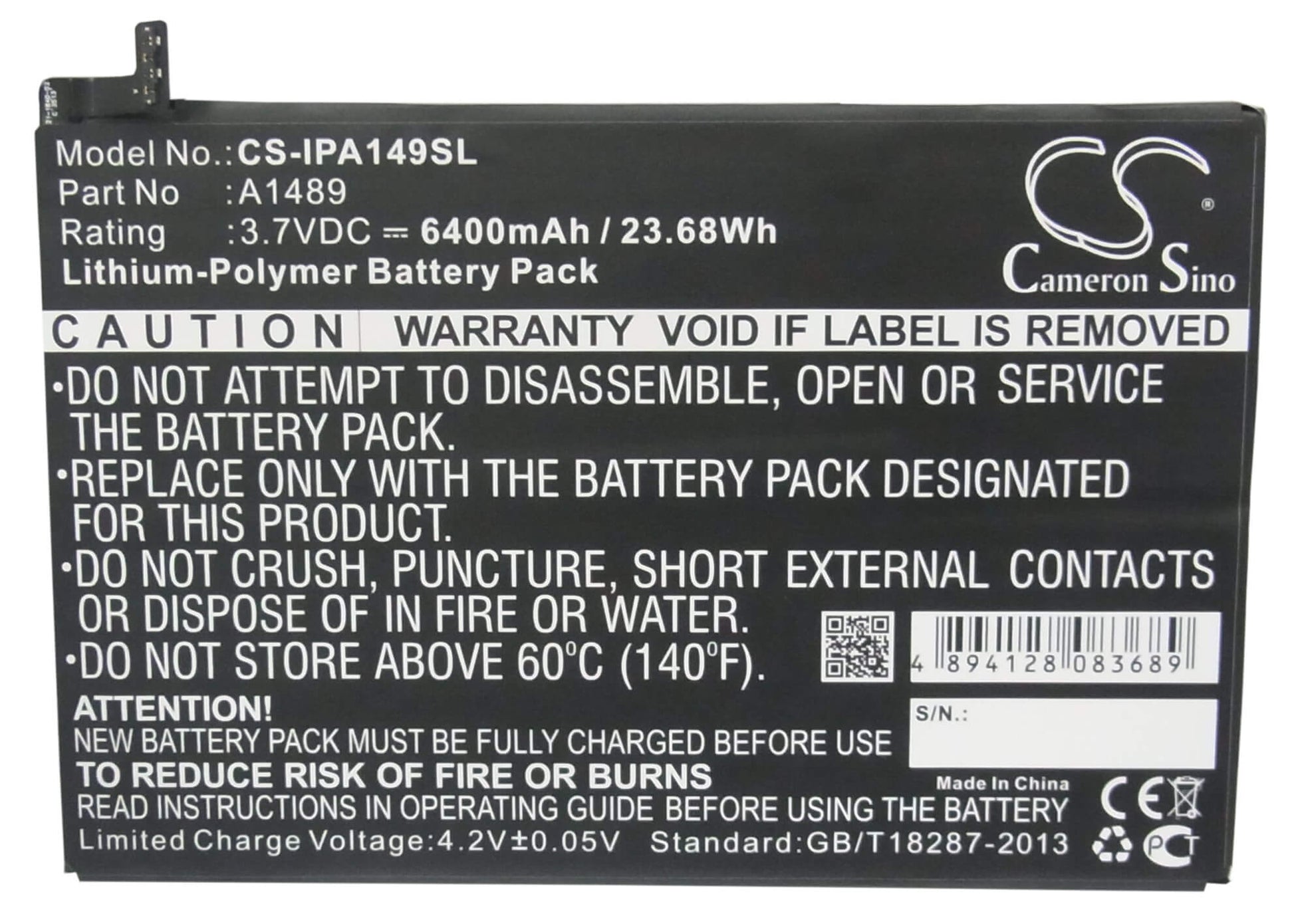 3.7V, 6400mAh, Li-Polymer Battery fits Apple, A1489, A1490, 23.68Wh