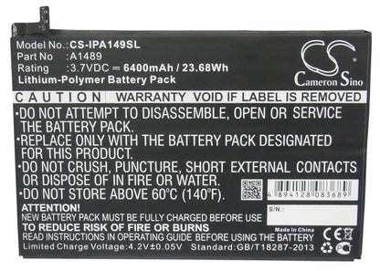 3.7V, 6400mAh, Li-Polymer Battery fits Apple, A1489, A1490, 23.68Wh