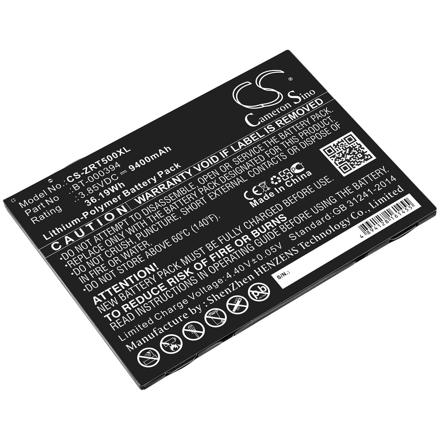 3.85V, 9400mAh, Li-Polymer Battery fits Zebra, Et51, Et56, 36.19Wh