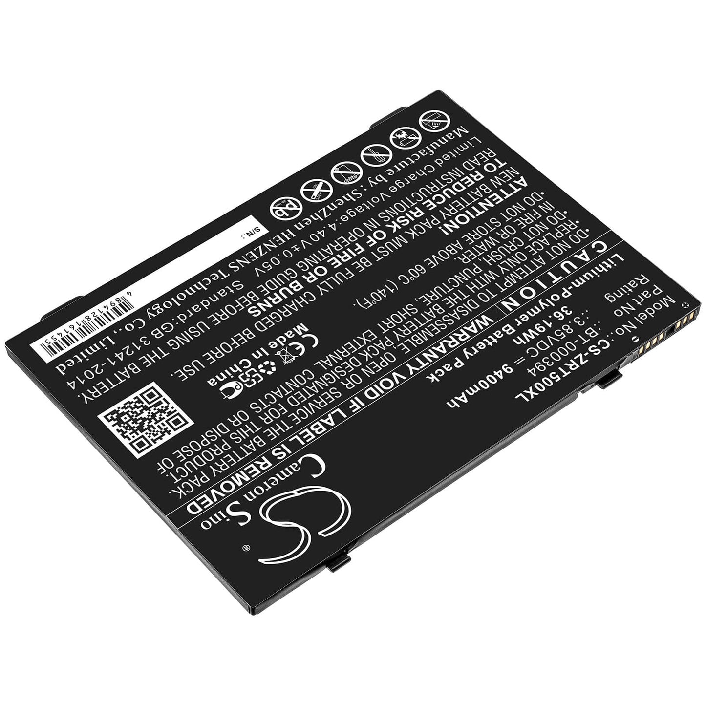 3.85V, 9400mAh, Li-Polymer Battery fits Zebra, Et51, Et56, 36.19Wh