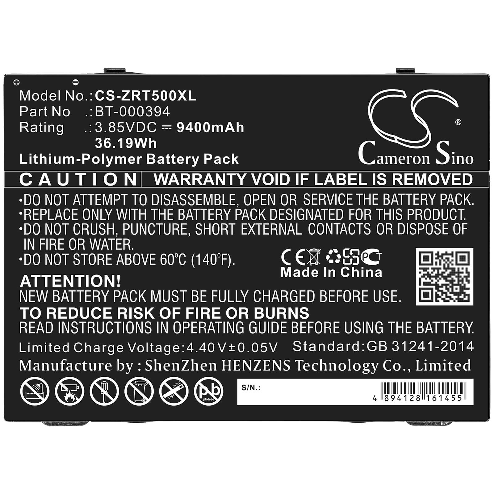 3.85V, 9400mAh, Li-Polymer Battery fits Zebra, Et51, Et56, 36.19Wh