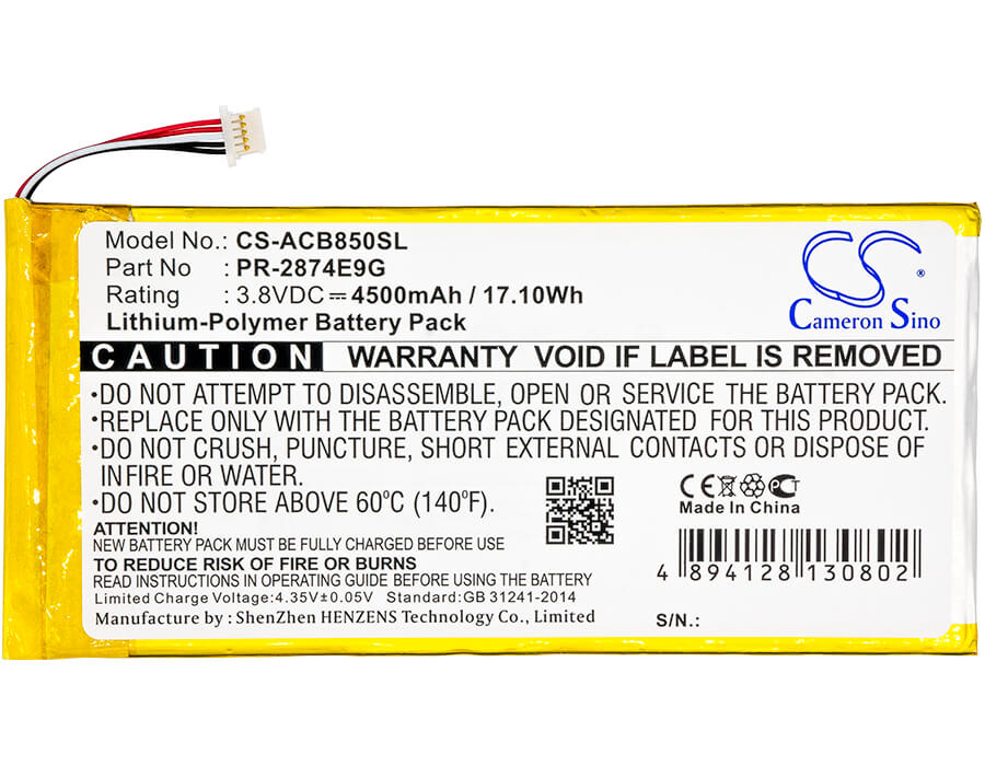 3.8V, 4500mAh, Li-Polymer Battery fits Acer, A6001, B1-850-k35x, 17.1Wh