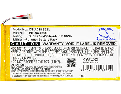 3.8V, 4500mAh, Li-Polymer Battery fits Acer, A6001, B1-850-k35x, 17.1Wh