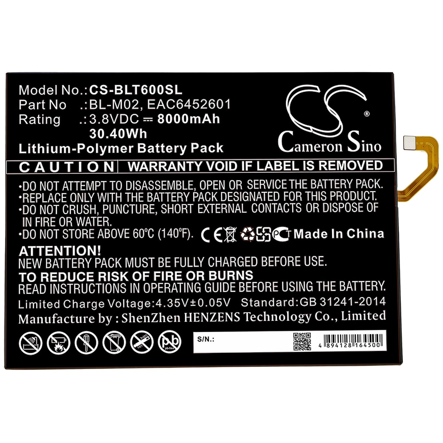 3.8V, 8000mAh, Li-Polymer Battery fits Lg, G Pad 5 10.1, G Pad 5 10.1 Fhd, 30.4Wh