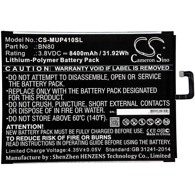 3.8V, 8400mAh, Li-Polymer Battery fits Xiaomi, Mi Pad 4 Plus, 31.92Wh