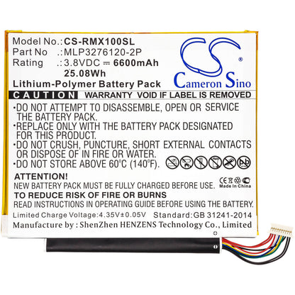 3.8V, 6600mAh, Li-Polymer Battery fits Verizon, Ellipsis 10, Ellipsis 10 16gb, 25.08Wh