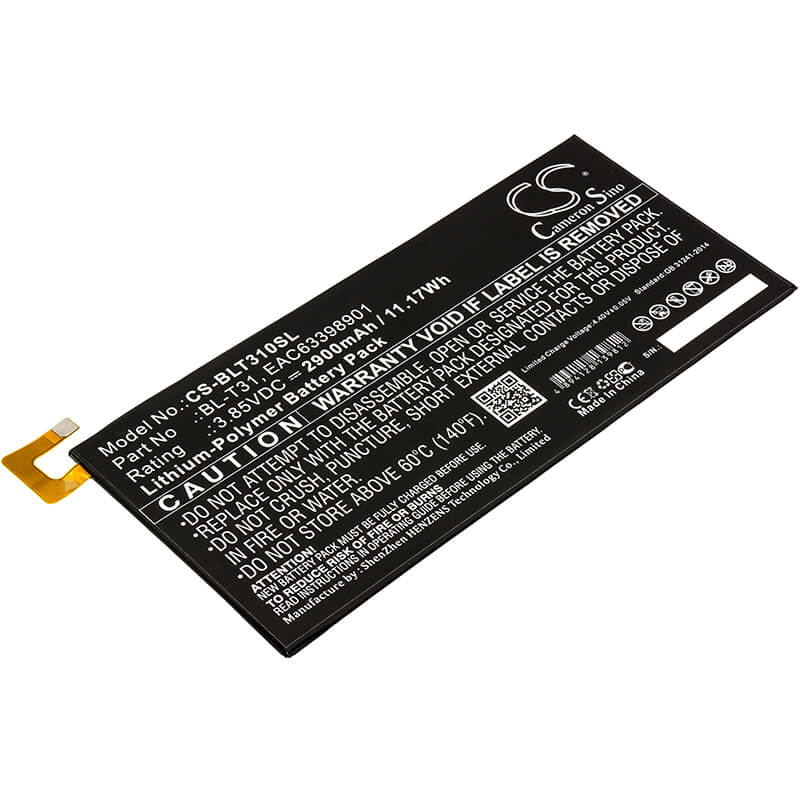 3.85V, 2900mAh, Li-Polymer Battery fits Lg, G Pad F2 8.0, G Pad F2 8.0 Lte, 11.165Wh