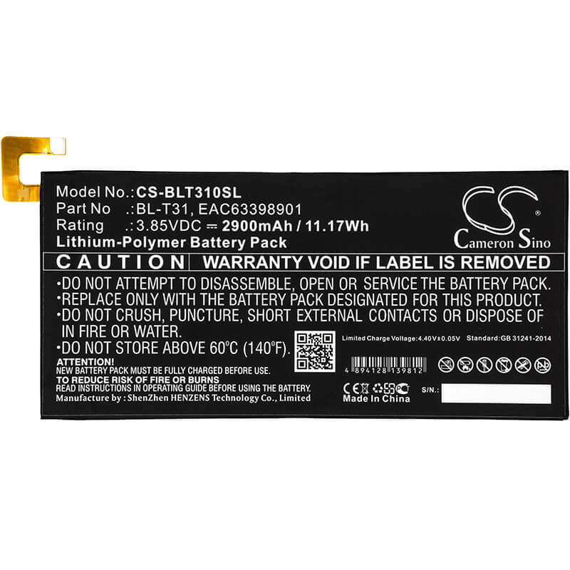 3.85V, 2900mAh, Li-Polymer Battery fits Lg, G Pad F2 8.0, G Pad F2 8.0 Lte, 11.165Wh