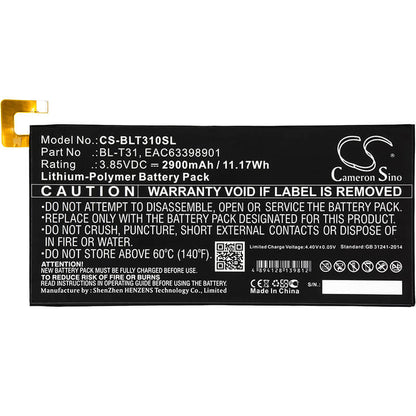 3.85V, 2900mAh, Li-Polymer Battery fits Lg, G Pad F2 8.0, G Pad F2 8.0 Lte, 11.165Wh