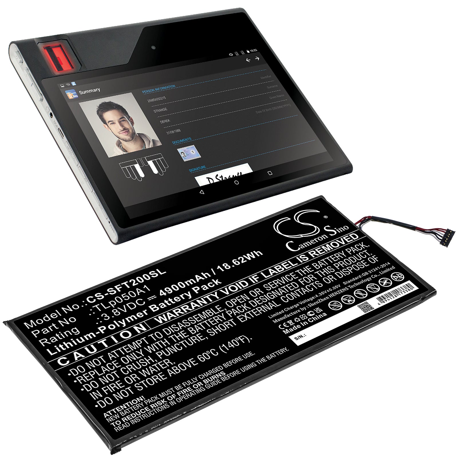 3.8V, 4900mAh, Li-Polymer Battery fits Safran, Morpho Tablet 2, 18.62Wh