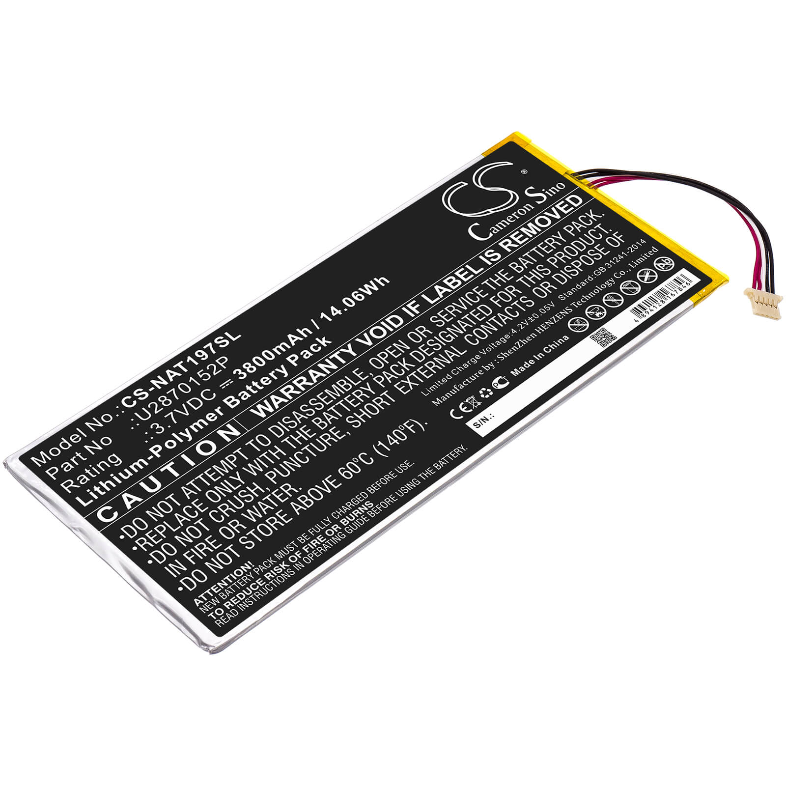3.7V, 3800mAh, Li-Polymer Battery fits Onn, Ona19tb003, Ona19tb007, 14.06Wh