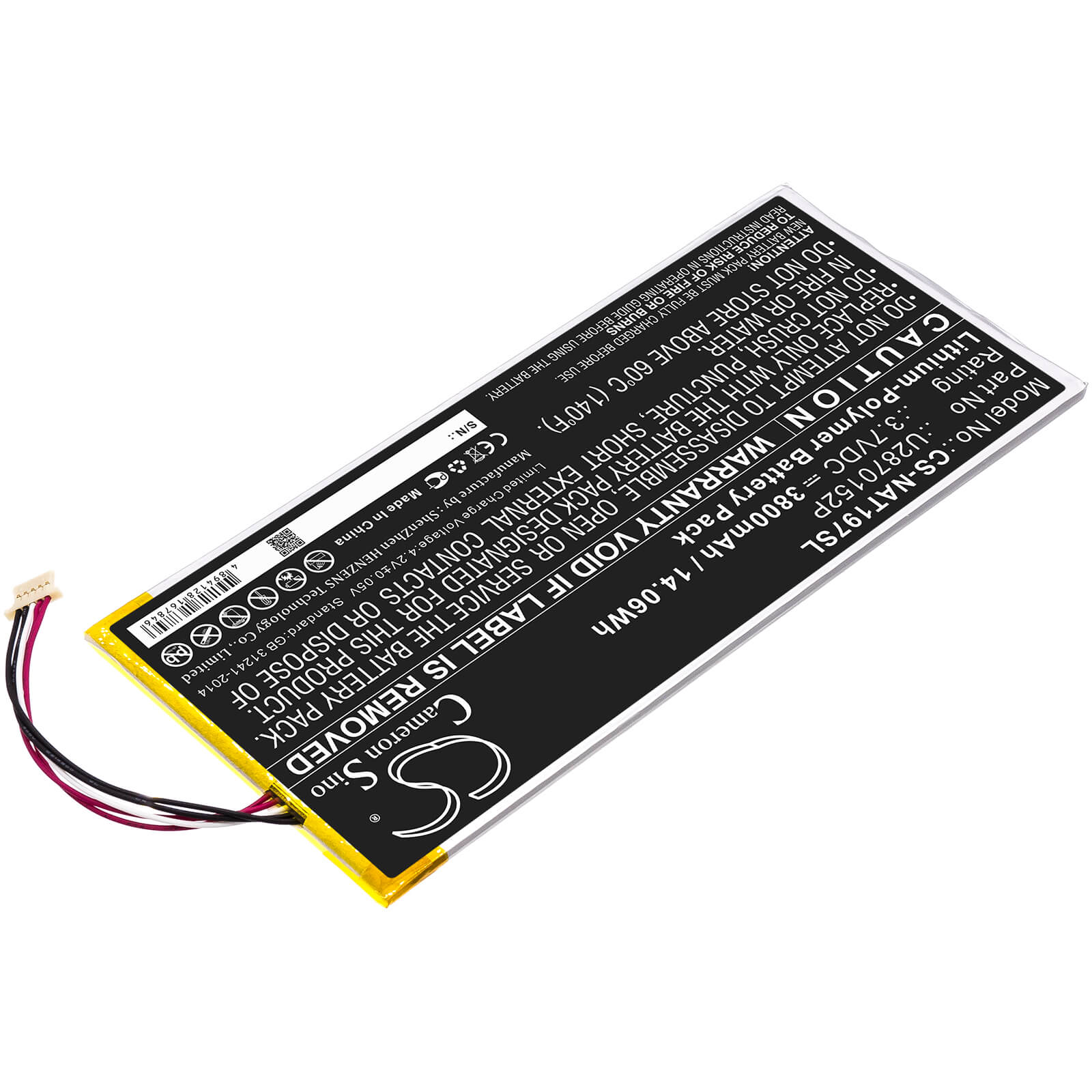 3.7V, 3800mAh, Li-Polymer Battery fits Onn, Ona19tb003, Ona19tb007, 14.06Wh