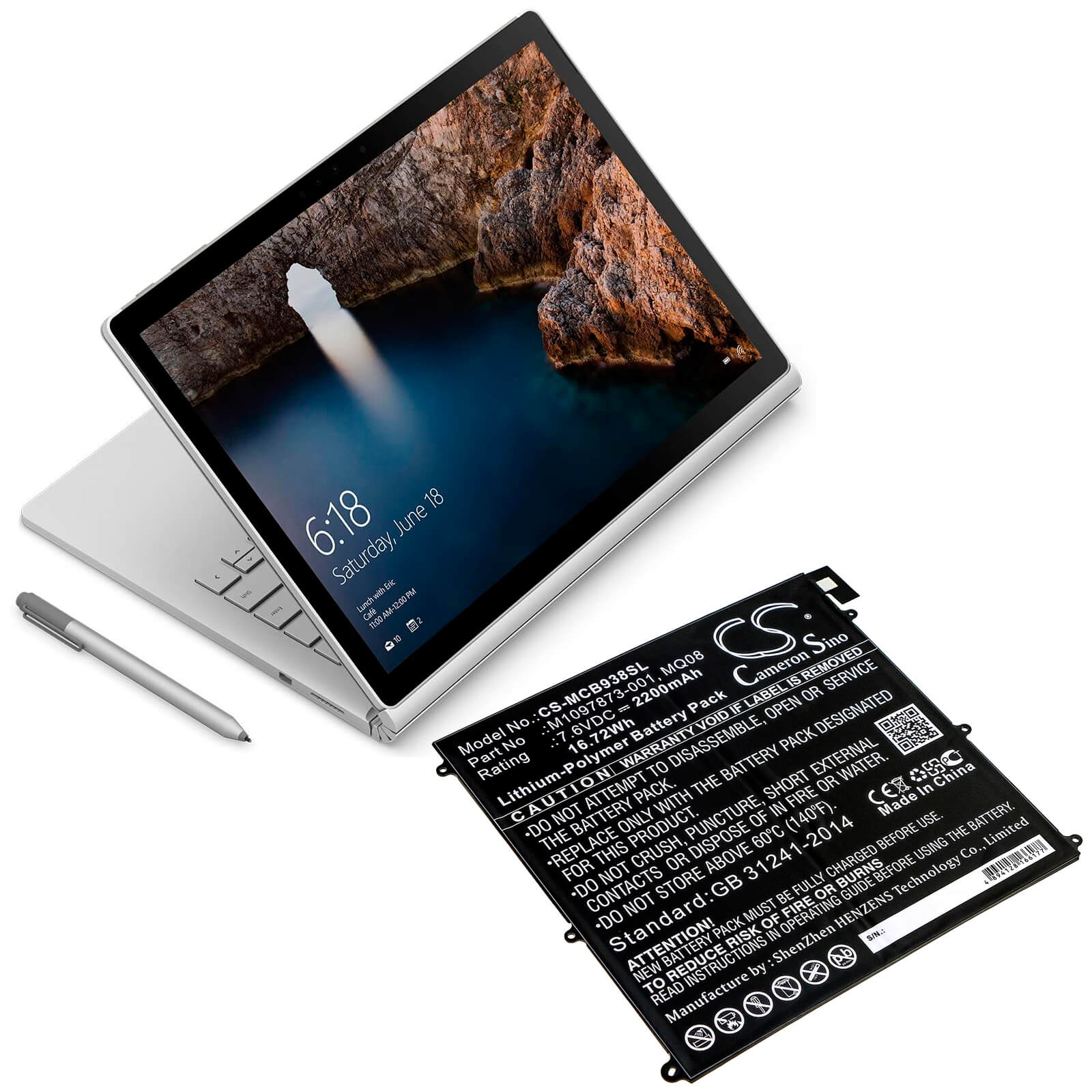 7.6V, 2200mAh, Li-Polymer Battery fits Microsoft, Surface Book 1938, 16.72Wh