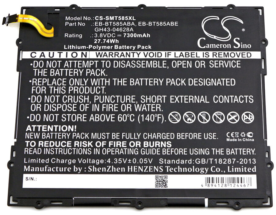 3.8V, 7300mAh, Li-Polymer Battery fits Samsung, Galaxy Tab A 10.1 2016 Td-lte, Galaxy Tab A 10.1 2016 Wifi, 27.74Wh