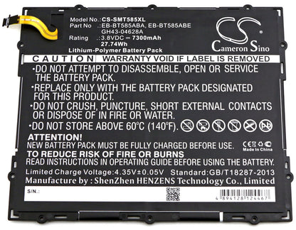 3.8V, 7300mAh, Li-Polymer Battery fits Samsung, Galaxy Tab A 10.1 2016 Td-lte, Galaxy Tab A 10.1 2016 Wifi, 27.74Wh