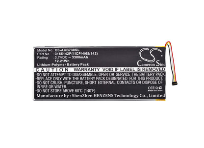 3.7V, 3300mAh, Li-Polymer Battery fits Acer, A1402, Iconia One 7 B1-730, 12.21Wh