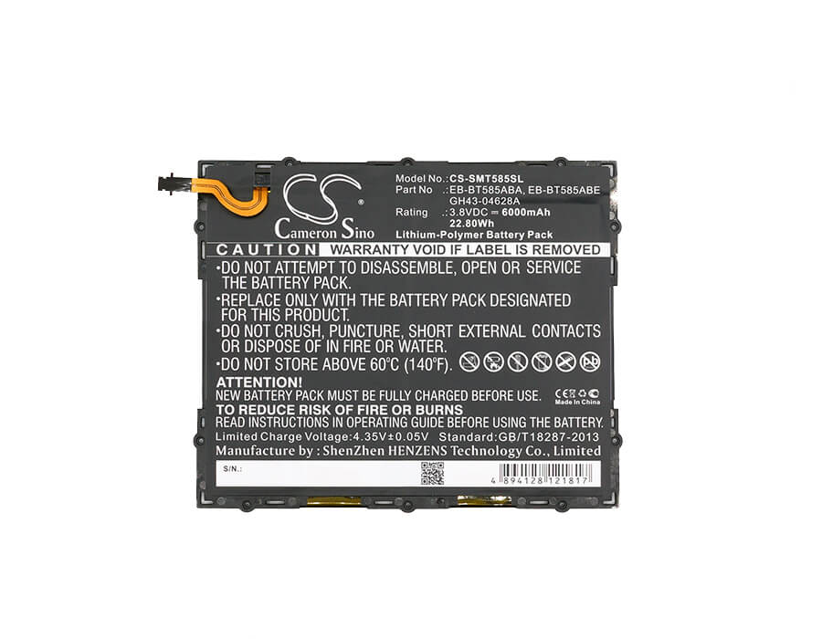 3.8V, 6000mAh, Li-Polymer Battery fits Samsung, Galaxy Tab A 10.1 2016 Td-lte, Galaxy Tab A 10.1 2016 Wifi, 22.8Wh