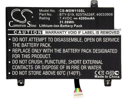 7.4V, 4200mAh, Li-Polymer Battery fits Msi, Windpad 110, Windpad 110w, 31.08Wh