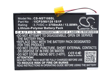 3.7V, 3750mAh, Li-Polymer Battery fits Nuvision, Nuvision 10.1", Tm1088c, 13.875Wh
