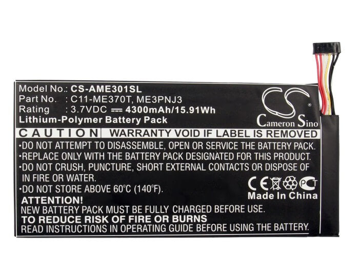 3.7V, 4300mAh, Li-Polymer Battery fits Asus, Me370t, Memo Pad Me370t, 15.91Wh