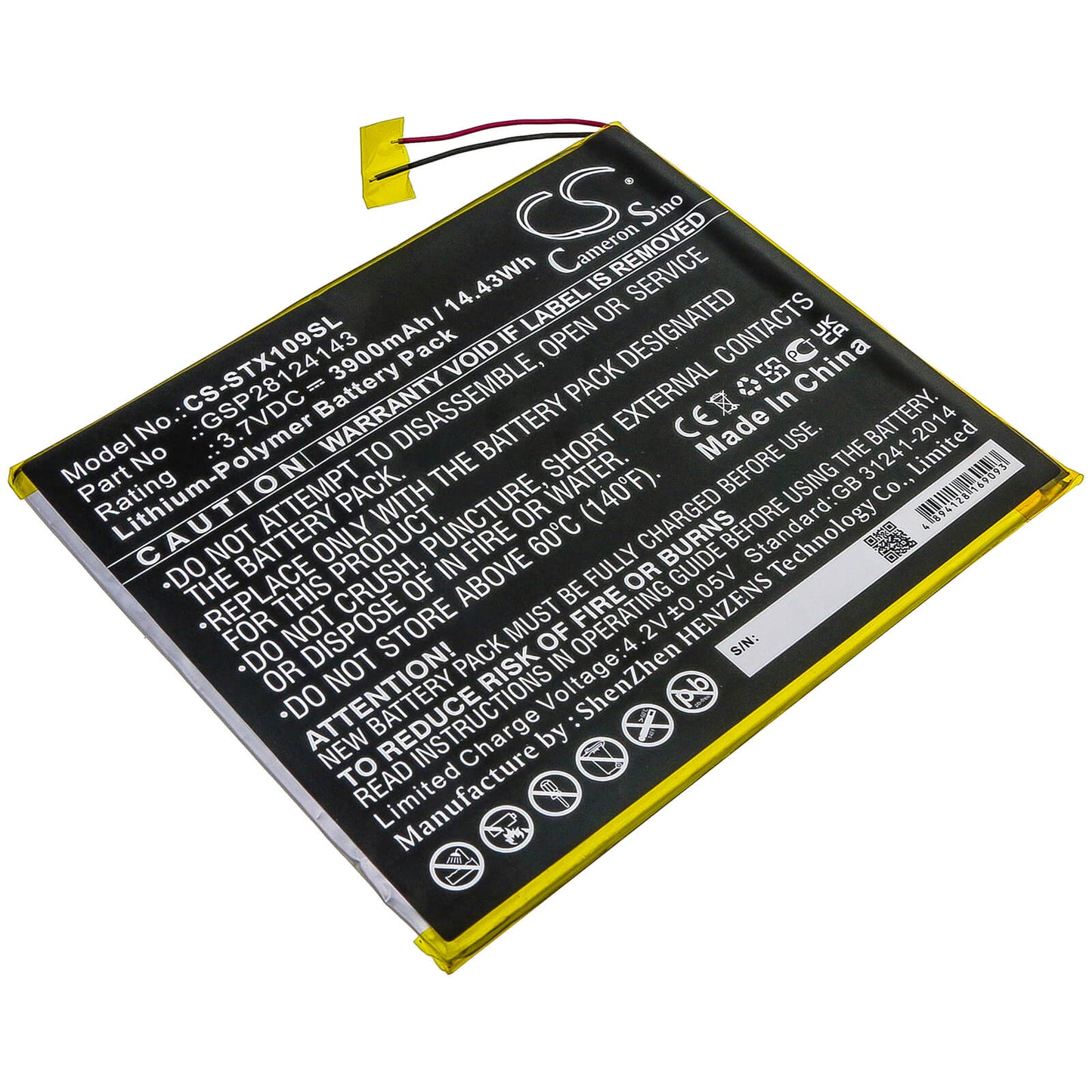 3.7V, 3900mAh, Li-Polymer Battery fits Smartab, St1009x, 14.43Wh