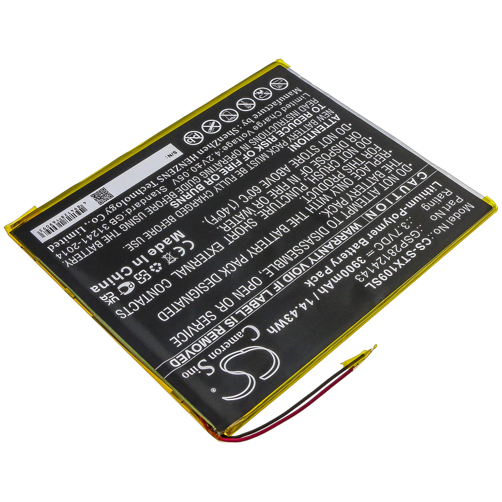 3.7V, 3900mAh, Li-Polymer Battery fits Smartab, St1009x, 14.43Wh