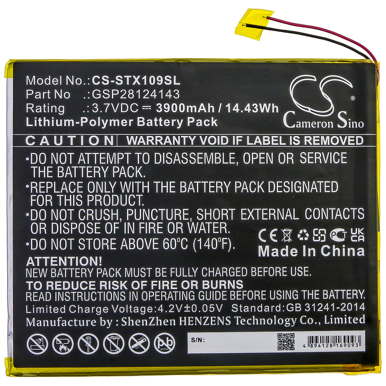 3.7V, 3900mAh, Li-Polymer Battery fits Smartab, St1009x, 14.43Wh