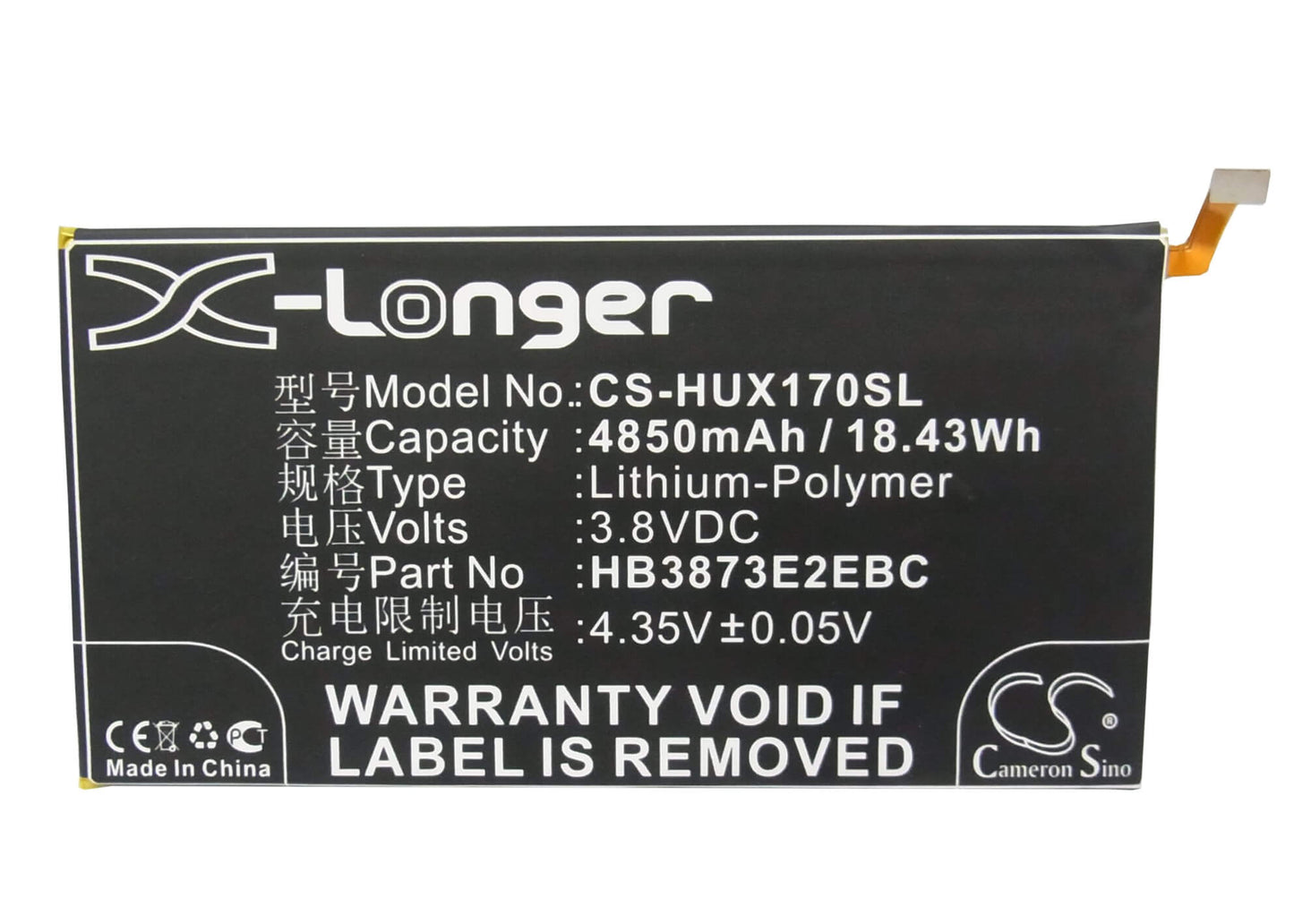 3.8V, 4850mAh, Li-Polymer Battery fits Huawei, 7d-501l, 7d-501u, 18.43Wh