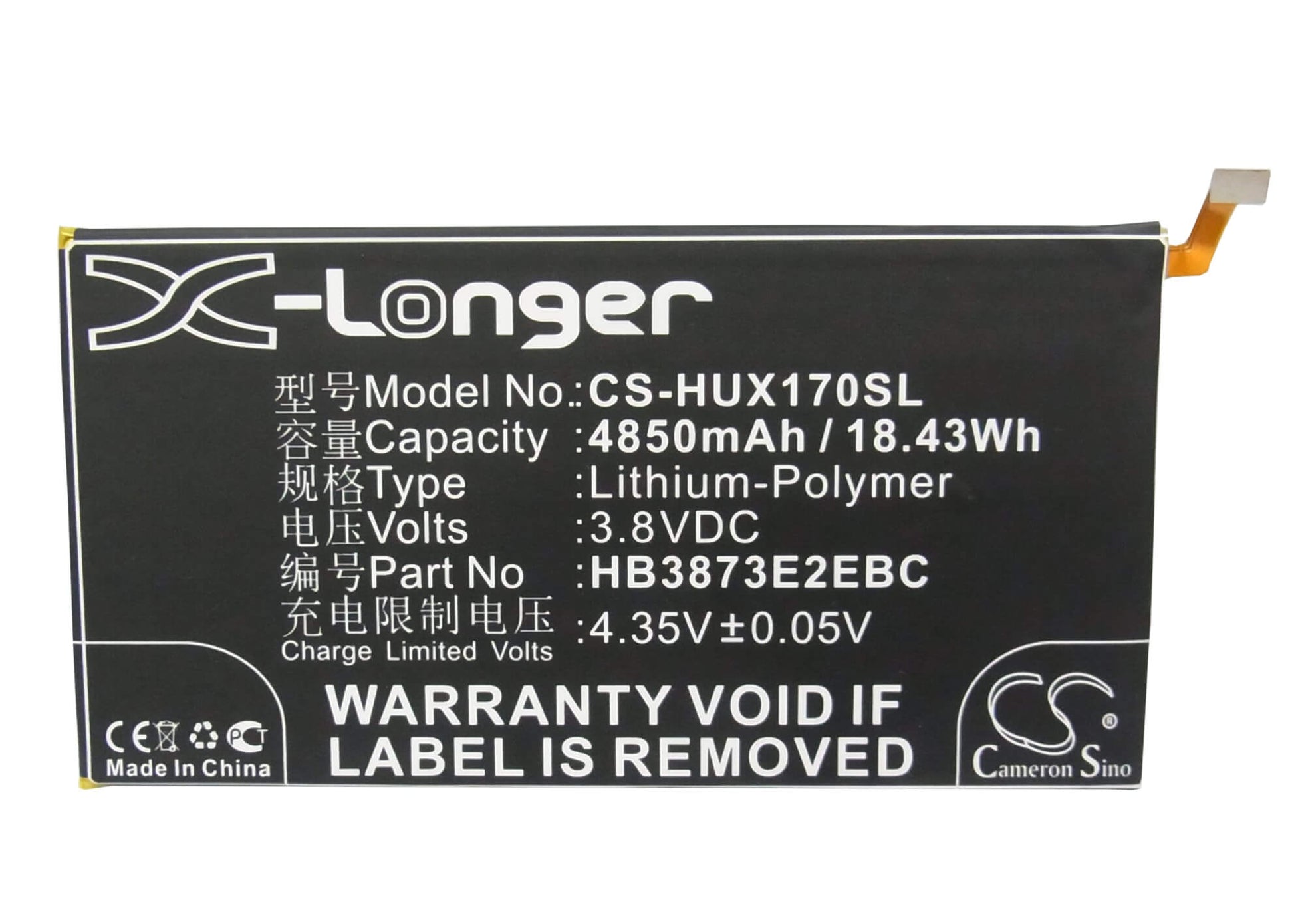 3.8V, 4850mAh, Li-Polymer Battery fits Huawei, 7d-501l, 7d-501u, 18.43Wh